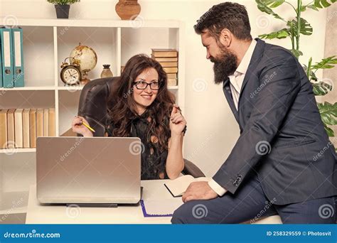 Happy Professional Woman Flirting With Man Colleague In Office Flirt Stock Image Image Of