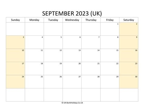 September 2023 Calendar Printable With Bank Holidays Uk