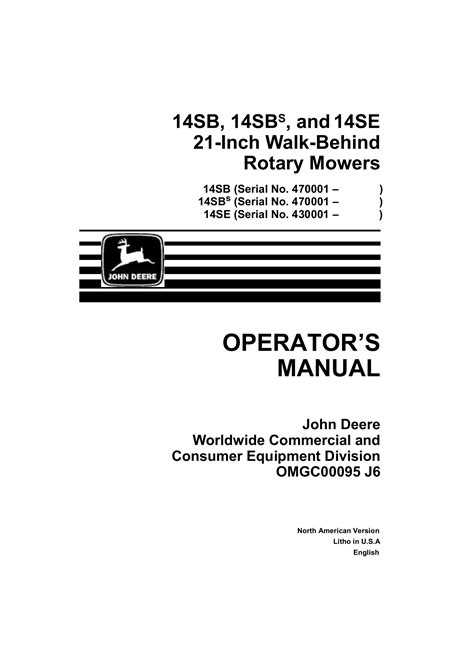 John Deere 14sb 21 Inch Walk Behind Rotary Mowers Operators Manual