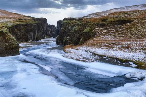 Iceland Fjadra River And Fjadrargljufur Canyon In Winter Stock Photo