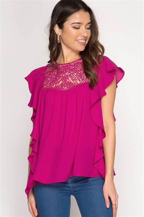 Fuchsia Womens Sleeveless Tops Tops Ruffle Sleeve