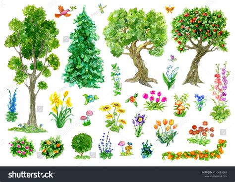 Design Set With Trees Nature And Garden Items Flowers Isolated On