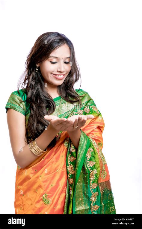 Happy Young Beautiful Traditional Indian Woman In Traditional Saree