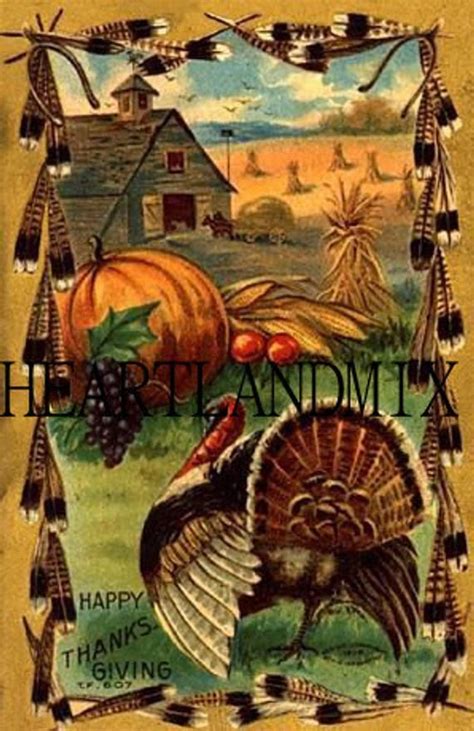 Happy Thanksgiving Vintage Image Turkey Pumpkin Corn Field Etsy