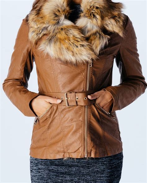 Ladies Womens Faux Fur Collar Pu Leather Bomber Bicker Jacket Coat Top