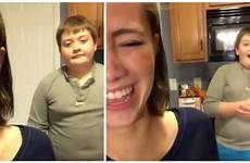 sister brother younger her shocked boy reaction films his parents huge rip letting