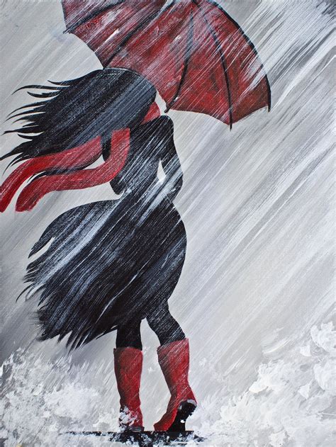 A Girl Walking In The Rain With Red Umbrella Acrylic Painting By The Art Sherpa Gallery The