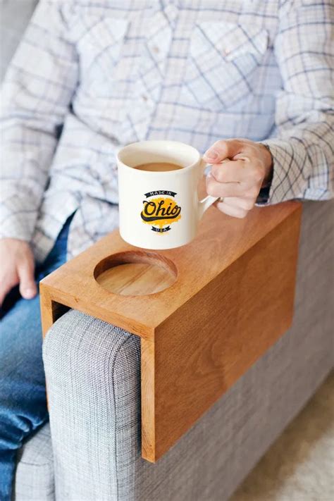 sofa hack wooden armrest table with built in cup holder make