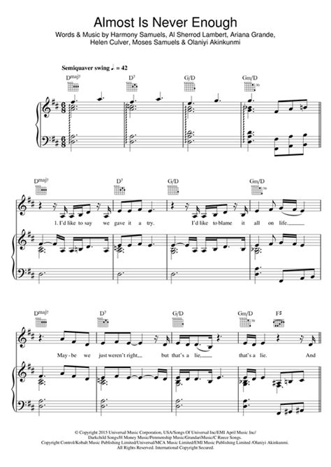 Almost, almost is never enough (is never enough, baby) so close to being in love (so close) if i would have known that you wanted me the way i wanted you. Almost Is Never Enough (feat. Nathan Sykes) sheet music by ...