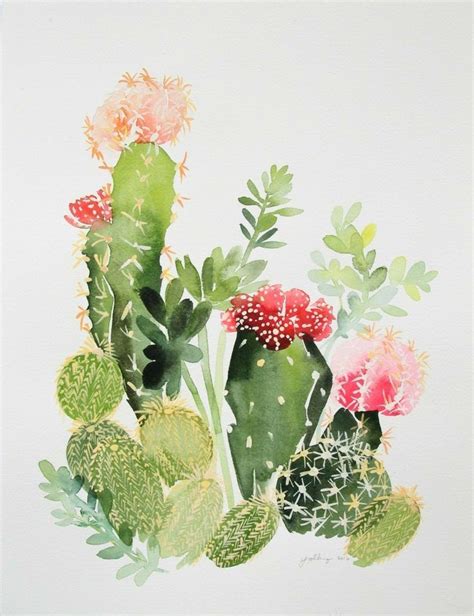 Prickly Pear Flowering Cactus Watercolor Art Colorful Art