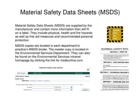 msds reveals the properties of chemical, its nature, different hazards, preventive measures in. PPT - Southern NH Medical Center Specific Mandatory ...