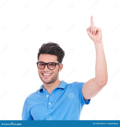 Smiling Young Casual Man Pointing Up Stock Photo Image Of Hands