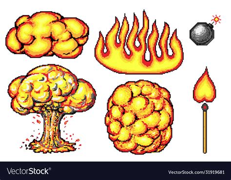 Nuclear Explosion Pixel Art 8 Bit Fire Objects Vector Image