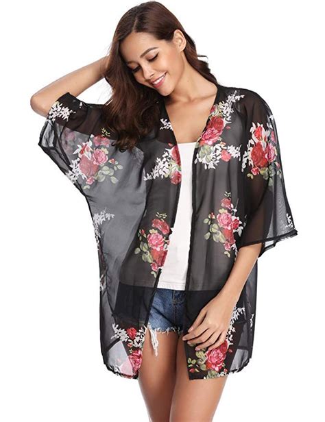 Womens Floral Print Sheer Chiffon Kimono Cardigan Blouse Loose Beach Cover Up Floral Jacket