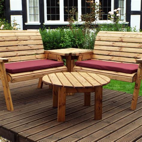 Four Seater Corner Wooden Garden Bench Set With Burgundy Cushions