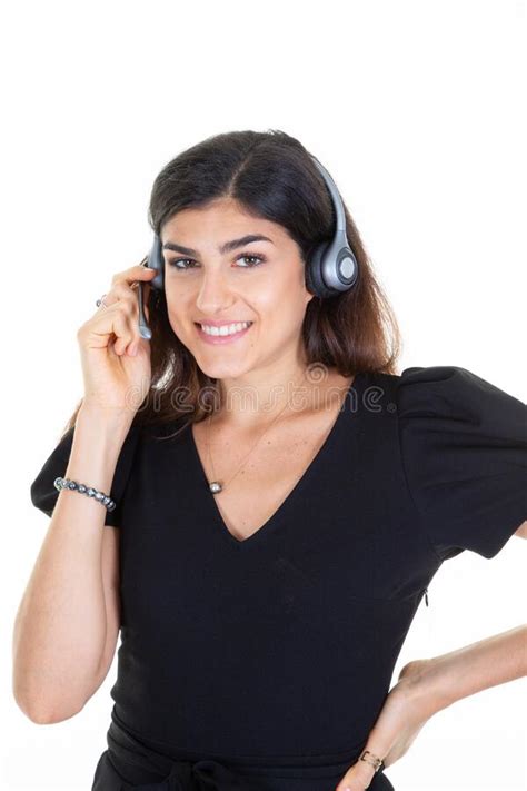 Callcenter Woman Brunette Smiling Customer Support Phone Operator In