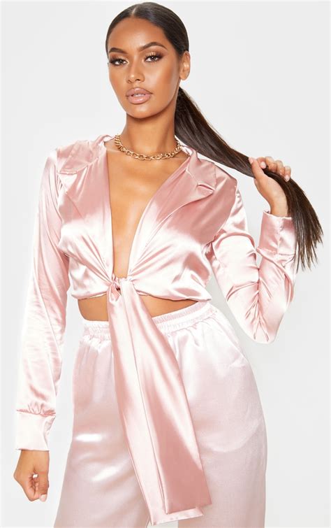 Pink Satin Tie Front Cropped Blouse Tops Prettylittlething