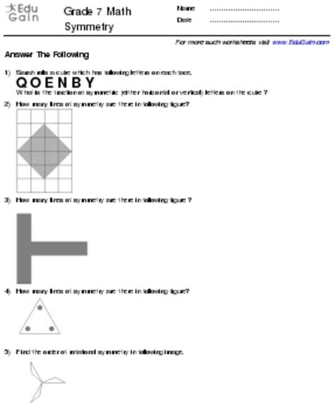grade  math worksheets  problems symmetry edugain global
