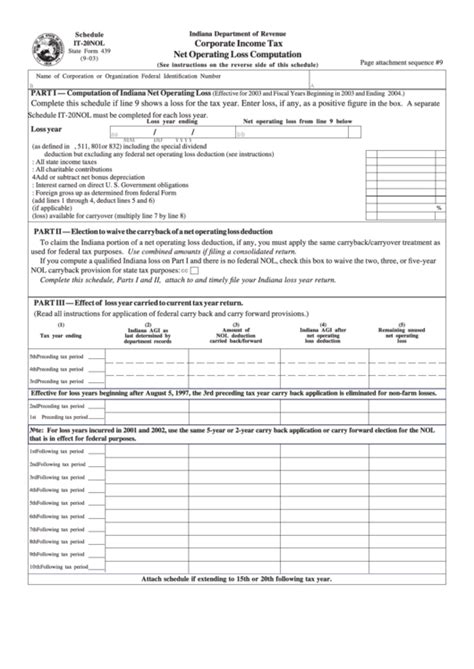 State Form 439 Schedule It 20nol Corporate Income Tax Net Operating