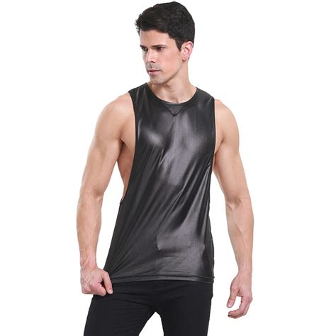 Faux Leather Men Tank Top Sexy Solid Fitness Exercise Bodybuilding