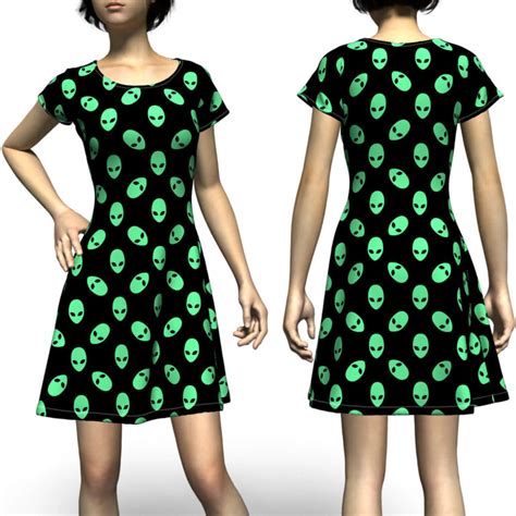 Green Alien Head Short Sleeve Dress Eightythree Xyz Clothing