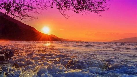 Sea With Waves And Mountain During Sunset Under Purple Sky Hd Sunset