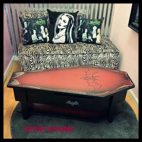 Just thought i'd share a bit of my halloween decorations that i did this year, this is a new setup that i did on my coffee table. Wooden Coffin Coffee Table with Bottom Shelf and Drawer with Metal Bat Handle. Red smoked paint ...