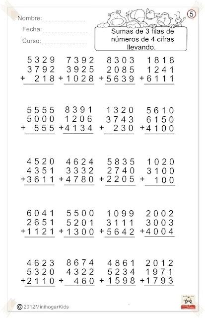 Ejercicios De Sumas Y Restas Para 4to Grado