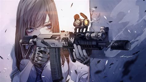 Download 1920x1080 Military Anime Girl Rifle Battle Gloves Wall