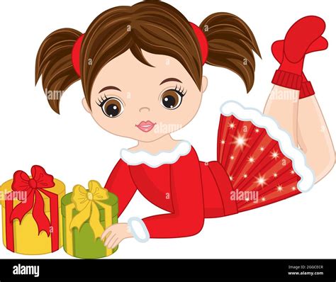 Beautiful Young Cute Girl Holding Christmas T Boxes Vector