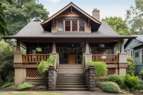 A Craftsman Style Home With A Wrap Around Porch And Stone Steps Stock