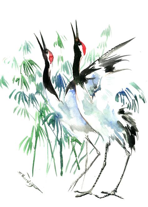 Japanese Crane Artwork Painting Two Cranes Original Watercolor