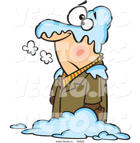 Vector Of A Cold Cartoon Man Standing In A Blanket Of Snow Outside By