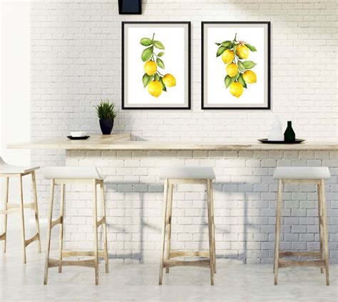 Watercolor Lemon Prints Lemon Kitchen Decor Kitchen Wall Etsy