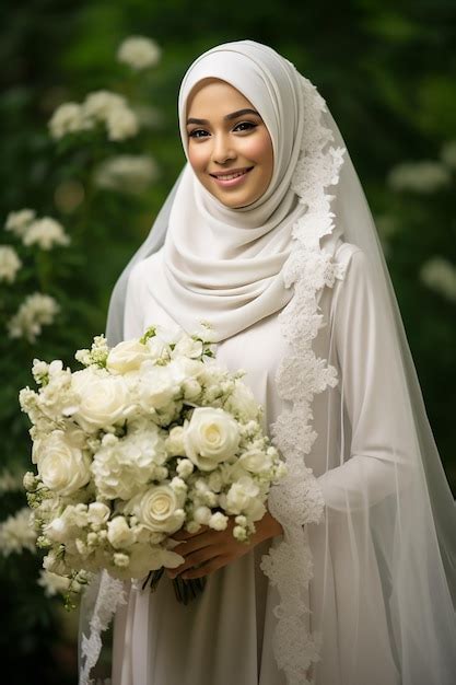 Premium Photo Muslim Bride Wearing Hijab And White Wedding Dress