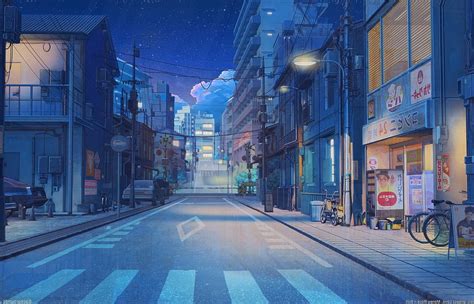 1366x768px 720p Free Download Scenery Night Stars Buildings Road