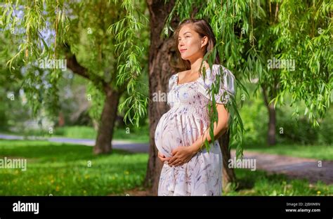 Pregnant Asian Beauty Woman In Summer Park Natural Pregnancy Girl Wearing Maternity Dress