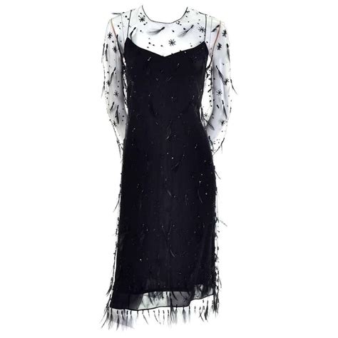 1990s Black Vintage Carolina Herrera Silk Dress With Feather Beaded