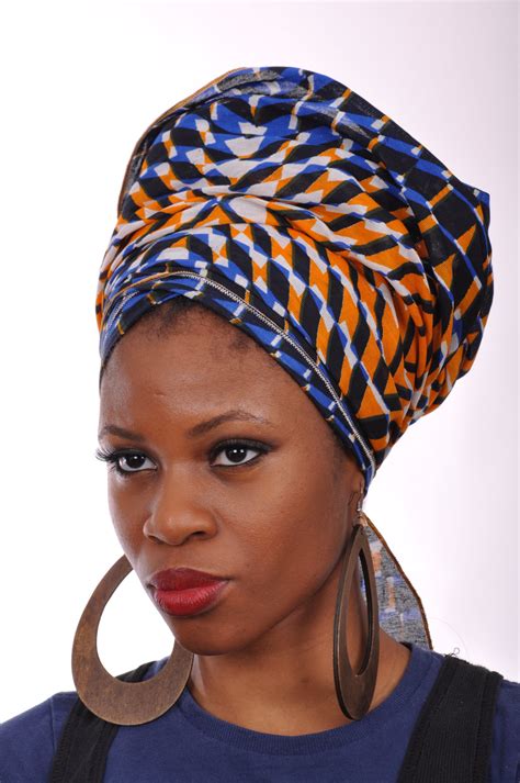 Blue And Orange African Print Ankara Head Wrap Tie Scarf