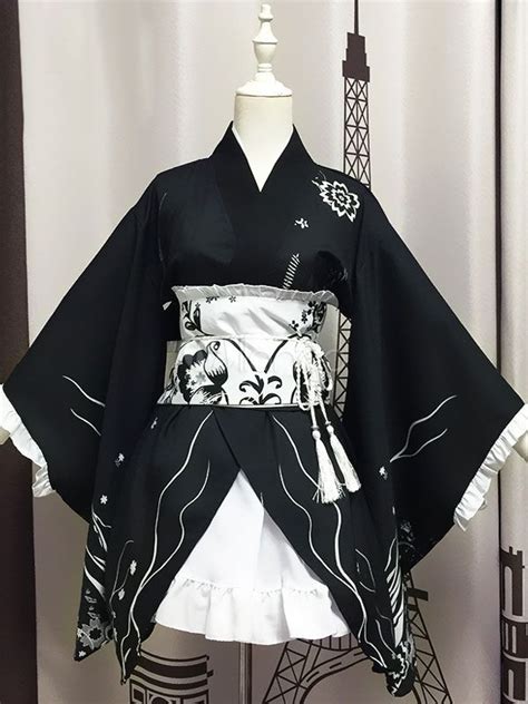 Japanese Anime Girls Kawaii Kimono Cosplay Costume Black Kimono