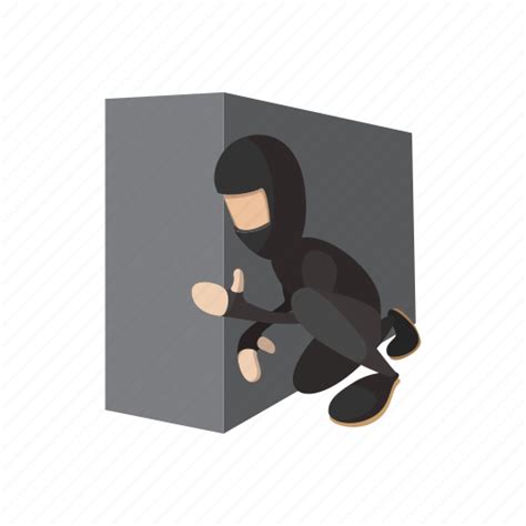 Behind Cartoon Hiding Japanese Ninja Sitting Wall Icon Download