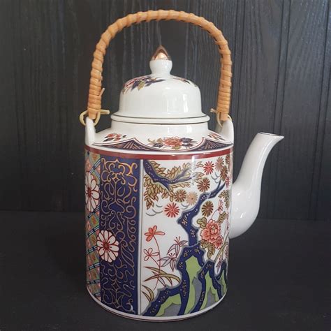 Vintage Imari Japan Teapot Wicker Handle Arita Ware Japanese