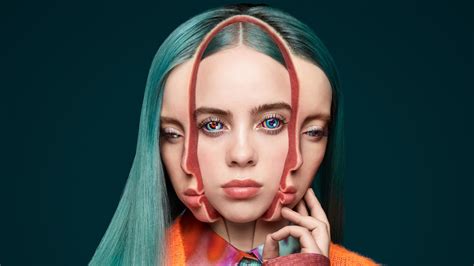 A Woman With Green Hair And Blue Eyes Is Holding Her Hands To Her Face While Wearing An Orange