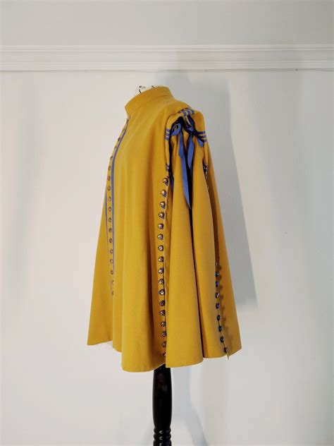 Musketeer Yellow Cloak Tabard Or Cape Made Of Wool With Blue Trims And Detachable Sleeves For