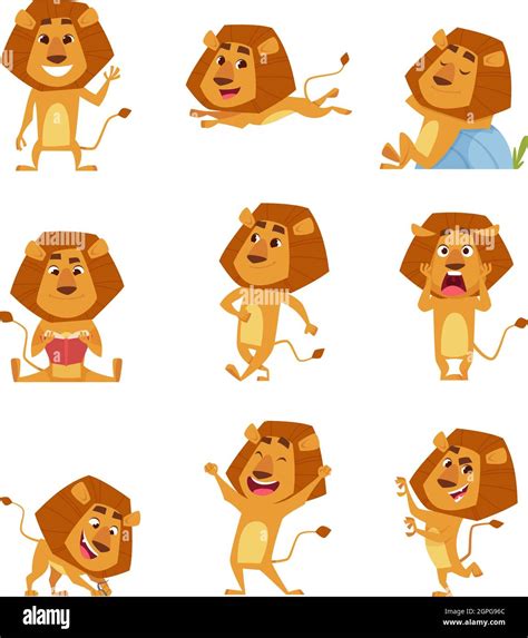 Wild Lion Cartoon Cute African Big Lions Mascot In Various Poses