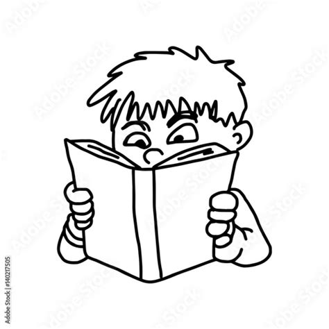 Closeup Little Boy Reading A Book Vector Illustration Sketch Hand
