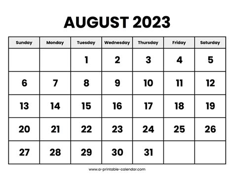 August 2023 Calendar Printable A Printable Calendar
