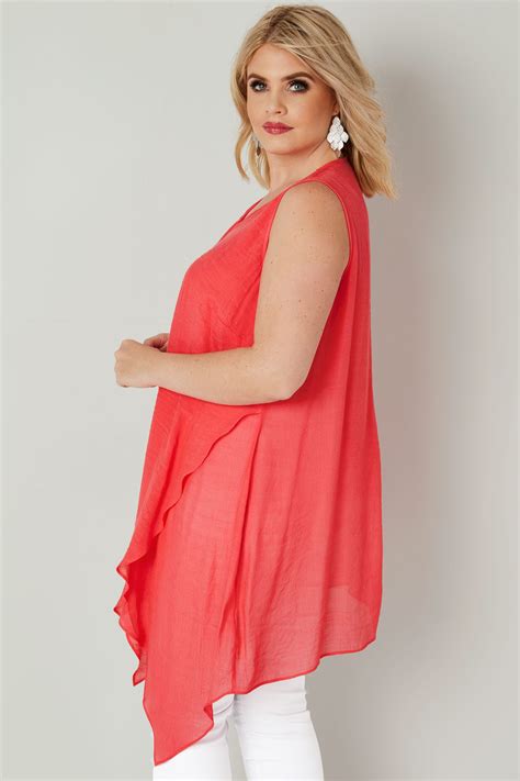 Coral Pink Sleeveless Layered Top With Asymmetric Front Plus Size 16 To 36