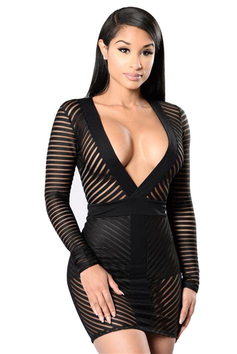 Sexy Women Nightclub Dress New Arrival Perspective Mesh Patchwork Long Sleeve Deep V Bodycon