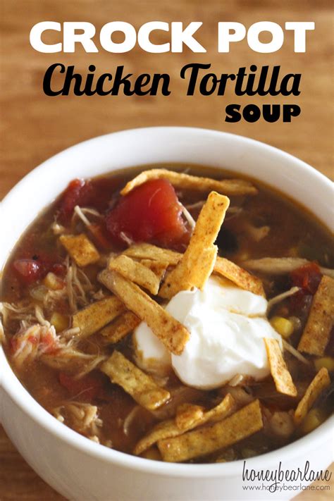 Coming home to a simmering pot of mexican chicken tortilla soup is a great way to end the day! Crockpot Chicken Tortilla Soup - HoneyBear Lane